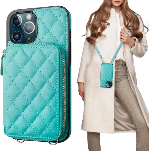 Vista 13 de Bocasal Funda tipo cartera cruzada para iPhone 12 Pro Max, con bloqueo RFID, de piel sintética, con cremallera, funda tipo cartera con función atril