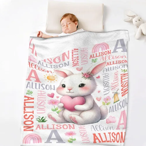 Vista 3 de Manta de conejo personalizada para niños y niñas, manta de bebé ultra suave, regalo personalizado, decoración de manta con nombre, 30 x 40 pulgadas
