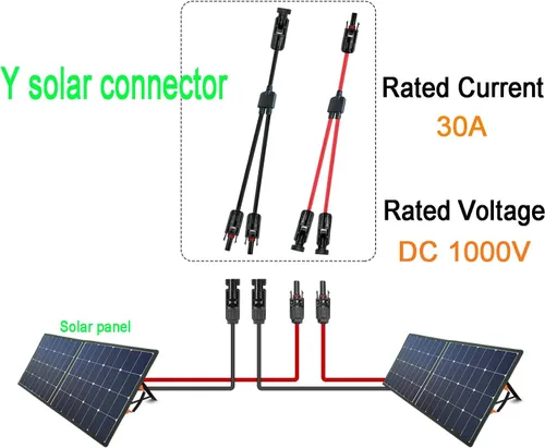 Vista 4 de Conector solar Y, cable paralelo de rama en Y, adaptador de conector solar 1 a 2 macho hembra, 10AWG 45A impermeable IP68 40CM cable, para paneles