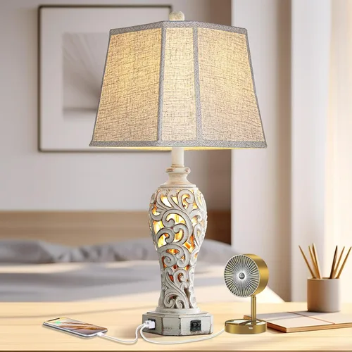 Vista 6 de Lámpara de mesa de granja de 25 pulgadas para sala de estar y dormitorio, lámpara de noche de diseño rústico vintage con 2 puertos USB y luz