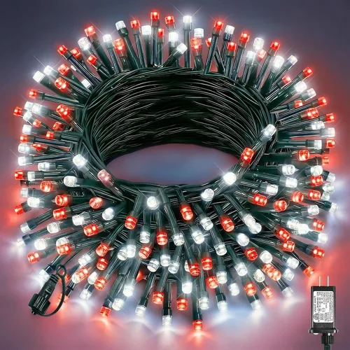 Vista 49 de Tira de luces LED de Navidad de 40 pies para exteriores, luces rojas y blancas de Navidad impermeables, 8 modos y temporizador, luces de árbol