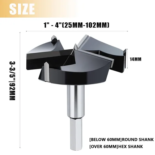 Vista 3 de Broca Forstner de 1-1/2" 38mm, con triple hélice y punta de carburo de tungsteno, para madera dura y blanda, kits de herramientas de corte