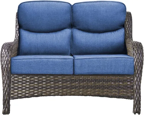 Vista 33 de Sofá Pop Patio de 2 plazas para exteriores con cojines gruesos de botones, respaldo alto, muebles de ratán de mimbre marrón resistentes y cómodos