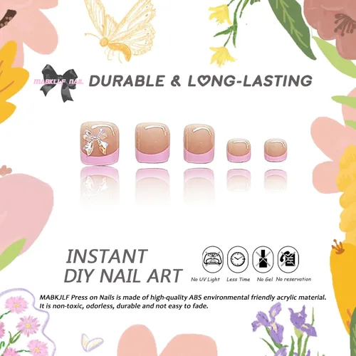Vista 2 de Lindas uñas postizas a presión con punta francesa rosa, uñas postizas cuadradas de cobertura completa con diseños de dijes de lazo, uñas acrílicas