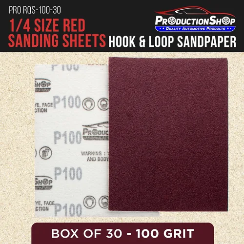 Vista 2 de ProductionShop Hojas de lija rojas de grano 100 de primera calidad, tamaño de 1/4 de hoja, caja de 30 – papel de lija con gancho y bucle, abrasivo