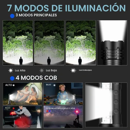 Vista 3 de Linternas Recargables de Alto Lumen, Linterna Recargable de 7 Modos, Linterna LED Súper Brillante con Luz Táctica Ajustable, Linterna de Mano