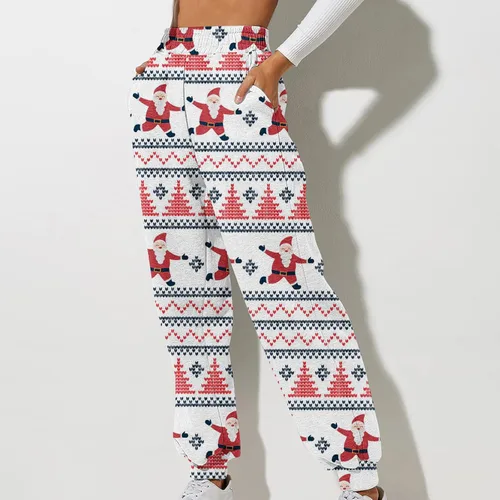 Vista 2 de Pantalones de chándal Estampado navideño para mujer rectos, cintura alta, elásticos, sueltos, básicos