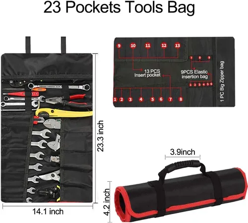 Vista 2 de Bolsa Enrollable de 23 Bolsillos para Herramientas con Bucles Elásticos y Bolsillo con Cremallera - Estuche Organizador Oxford Resistente
