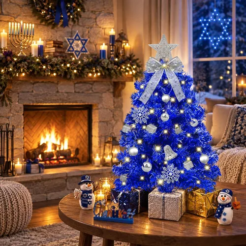 Vista 9 de Timer - 24 Inch/2 FT Blue Tabletop Christmas Tree with Lights 8 Modes Mini árbol de Navidad pequeño, 20 luces blancas cálidas, 20 cajas de Azul