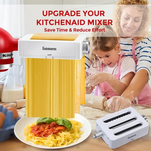 Vista 5 de Accesorio para hacer pasta para mezcladores de pie KitchenAid 3 en 1 de acero inoxidable Rodillo de pasta, cortador de espaguetis/fettuccine