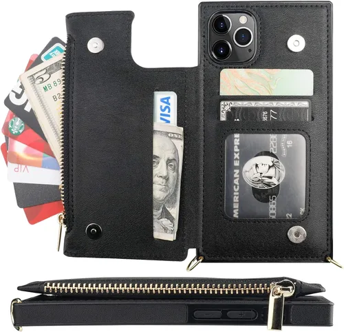 Vista 3 de Bocasal Funda tipo cartera cruzada para iPhone 11 Pro con tarjetero, protector de ranura para tarjetas con cremallera, a prueba de golpes, con Negro