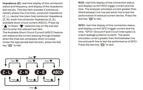 Vista 8 de Analizador de circuito digital True RMS voltaje CA RCD GFCI, probador eléctrico de caída de voltaje, dispositivo de prueba de fallas de línea