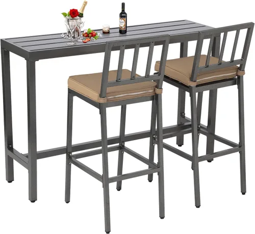 Vista 10 de Sillas y mesa de bar para exteriores, juego de bar de metal para patio, 3 piezas con taburetes y cojines, patio trasero, porche, bistró, balcón Negro