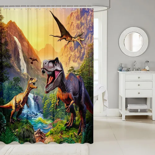 Vista 2 de Erosebridal Cortina de Ducha de Dinosaurio de Dibujos Animados 3D para Niños Varones Adultos Baño Selva Dino Tela Cortina de Baño 72" An x 72 L