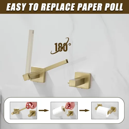 Vista 3 de BigBig Home Toallero de papel higiénico dorado, soporte para toallas de mano dorado cepillado, accesorios de baño, montaje en pared, soporte