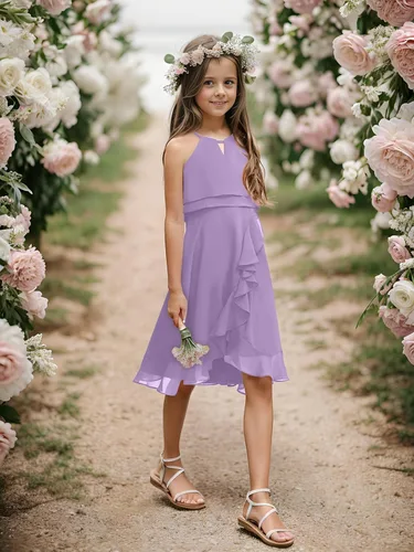 Vista 2 de Vestido de dama de honor para niños, de gasa, con cuello halter, acampanado, elegante, para boda, de 5 a 14 años