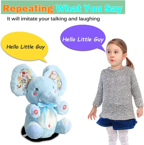 Vista 3 de HCdoujoy Baby Blue Peek A Boo Elefante de peluche de elefante cantante, repite lo que dices, musical para niños pequeños con orejas en movimiento
