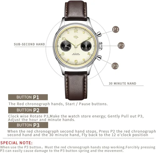 Vista 5 de Watches for Men Pilot Chronograph 38mm Original 1963 st1901 Movement Hand-Wound Sapphire Retro Men's Watches with Gooseneck