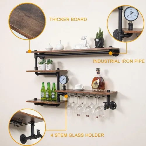 Vista 4 de DYRABREST Estante para copas de vino, estante de tubo industrial montado en la pared, soporte para botella de vino, 39.37 pulgadas, estante flotante