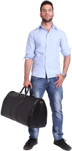 Vista 9 de Leathario Bolsa de viaje de cuero genuino para el fin de semana de la noche para los hombres, equipaje de mano, Negro-S, Pequeña, Vintage