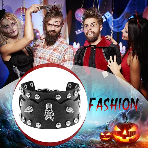 Vista 4 de Cupimatch Punk Gothic Skull Rivet Wide Leather Bracelet Cuff Adjustable 7.5"- 8.7" for Father's Day