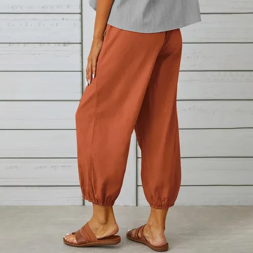 Vista 4 de Pantalones capri de cintura alta con cordón y botón de algodón suelto casual con bolsillos para mujer