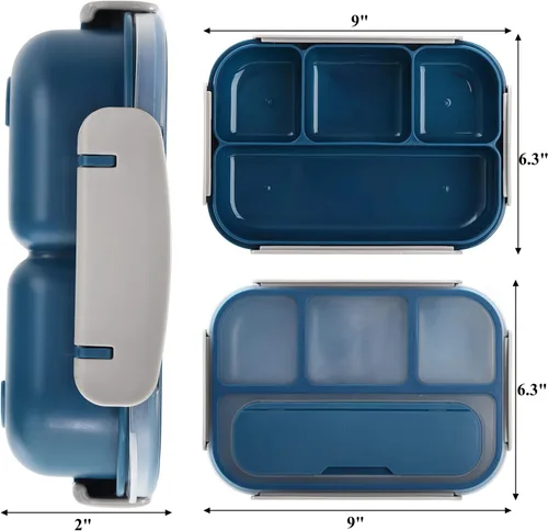 Vista 2 de Okllen Paquete de 3 loncheras Bento con cuchara y 4 compartimentos, recipientes de plástico para preparación de comidas con tapas, contenedor