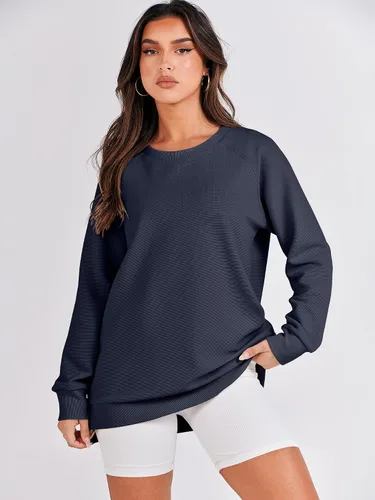 Vista 3 de ANRABESS - Sudadera de gran tamaño para mujer, cuello redondo, manga larga, tipo túnica, con cremallera lateral, sudadera con capucha, suéter