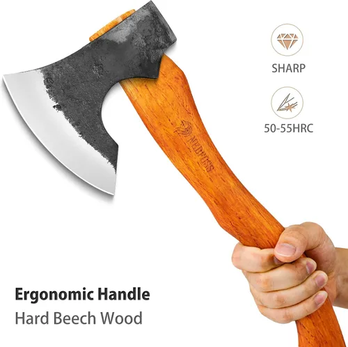 Vista 2 de NEDFOSS Hacha de Acampar Mammoth, Hacha de Camping de 15.5" con Acero de Alto Carbono 1065 y Mango de Madera, Hacha Multiusos para Camping