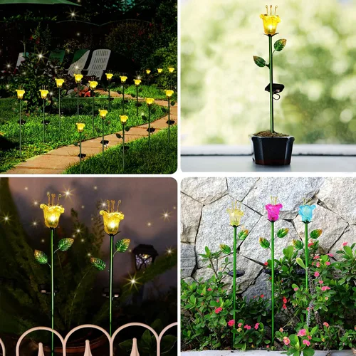 Vista 6 de VChymm Paquete de 2 flores decorativas solares, luces de lirio de vidrio amarillo impermeables, encendido/apagado automático para jardín, patio
