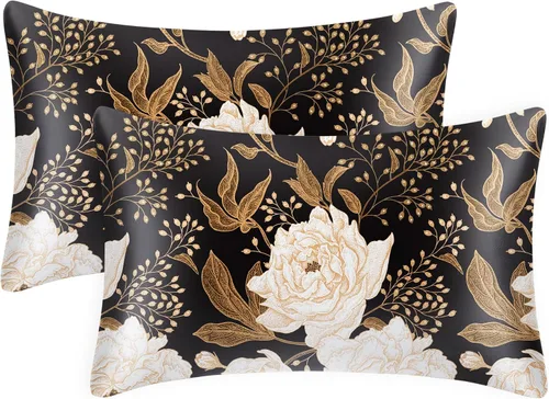 Vista 19 de EXQ Home - Funda de almohada de satén para cuidar el cabello y la piel, tamaño estándar, de seda con estampado negro, juego de 2 fundas con cierre