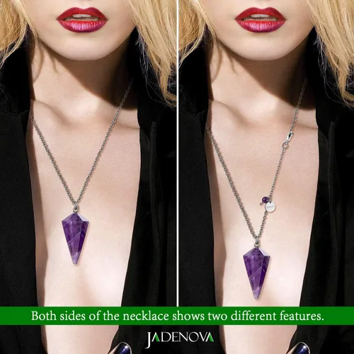 Vista 5 de JADENOVA Collar de Péndulo de Cristal Natural de Amatista Curativo para Mujeres Adivinación Radiestesia (Cristal con 2 cadenas), Gema, amatista