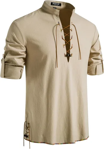 Vista 41 de JEMITOP Men's Pure Cotton Renaissance Lace Up Shirt Verde militar