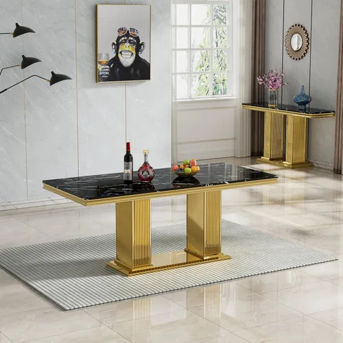 Vista 4 de Juego de mesa de comedor de 5 piezas para 4, mesa de cocina de mármol negro de 68 pulgadas con 4 sillas beige, mesa de comedor rectangular moderna