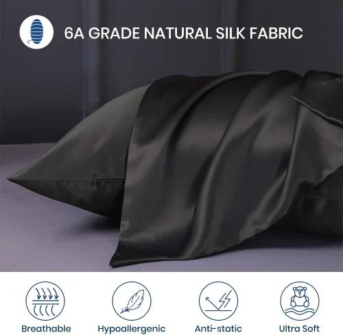 Vista 3 de LILYSILK Juego de 2 fundas de almohada de seda estándar de lujo en ambos lados Real 19 Momme Mulberry Charmeuse Negro Estándar