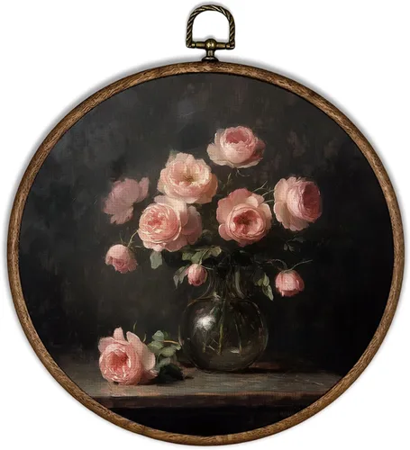 Vista 10 de XBBMGG Dark Academia Moody Arte de Pared Floral, Decoración Colgante de Pared Redonda con Flores Bohemias Oscuras de Otoño, Impresiones en Lienzo