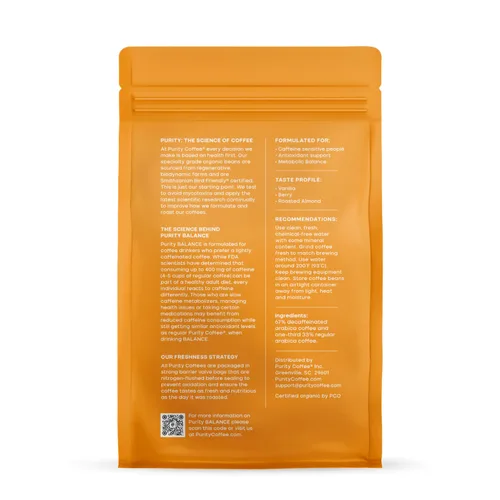 Vista 2 de Purity Coffee BALANCE - Grano entero de tostado medio descafeinado 2/3 (bolsa de 12 onzas) Agua de montaña orgánica USDA de grado especial
