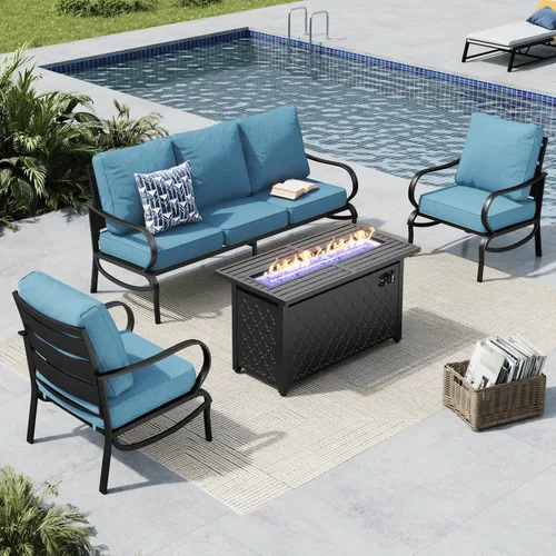 Vista 27 de MFSTUDIO Juego de 4 piezas de conversación para patio, marco de metal para todo tipo de clima, muebles de exterior con 1 mesa rectangular de propano