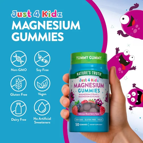 Vista 3 de Gominolas de magnesio Nature's Truth para niños Glicinato y citrato 50 unidades Sabor a bayas mixtas Suplemento vegano, sin OMG y sin gluten