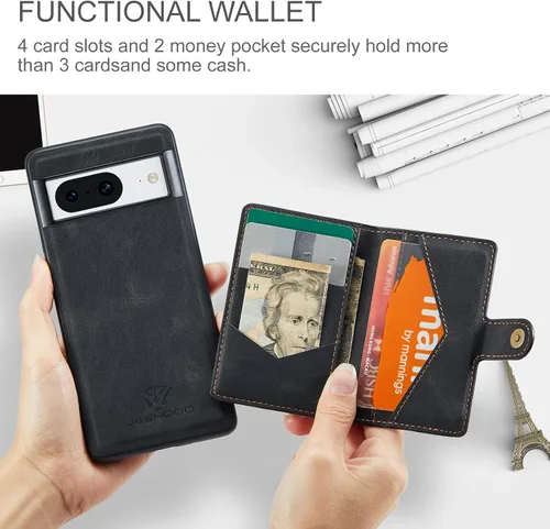 Vista 4 de Funda para Google Pixel 8 2023, cartera magnética desmontable con ranura para efectivo, soporte de carga inalámbrica con función de soporte