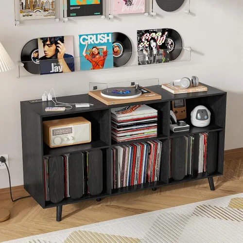 Vista 5 de Oubayajia Soporte Grande para Tocadiscos, Soporte de Almacenamiento de Discos de Vinilo, Mesa para Tocadiscos con Toma de Corriente, Soporte
