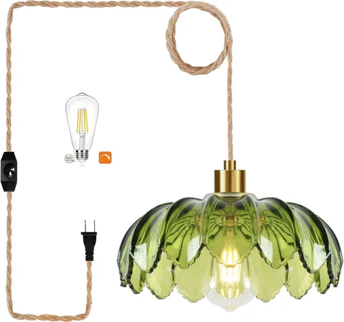 Vista 9 de QIYIZM Lámpara colgante bohemia enchufable con cable de enchufe, lámpara colgante regulable de macramé y estante de soporte para plantas, decoración