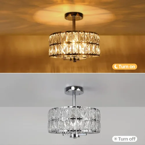 Vista 6 de Lámpara de techo redonda de cristal de 3 luces, moderna lámpara de pasillo de 12.6 pulgadas, lámpara de cocina semiempotrada cromada con pantalla