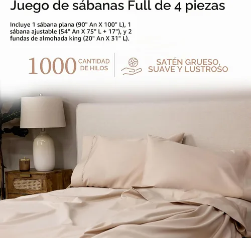 Vista 2 de Threadmill Sábanas de lujo de algodón Supima, sábanas de 100% algodón suave de 1000 hilos de lujo para cama tamaño matrimonial, juego de 4 sábanas