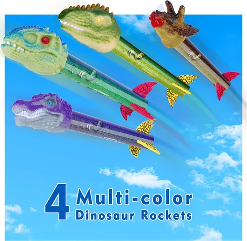 Vista 4 de Gizzjoy Lanzador de cohetes de juguete de dinosaurio para niños, lanza hasta 100 pies, 4 cohetes, juguetes exteriores para niños, juguetes
