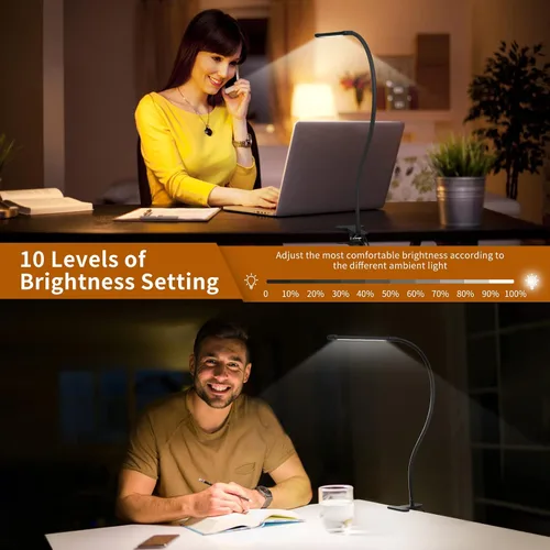 Vista 3 de Mojimdo Lámpara LED de escritorio con abrazadera, lámpara de lectura LED regulable con cuello de cisne flexible, 3 colores y 10 lámparas