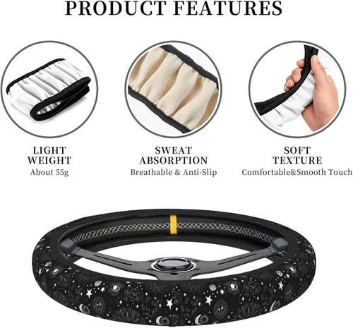 Vista 6 de Funda de volante para auto, universal de 15 pulgadas, de neopreno, con diseño de luna, sol y galaxia espacial, para interior, accesorios de 17