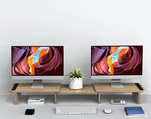 Vista 4 de Zimilar Soporte elevador de monitor doble, soporte para monitor con longitud y ángulo ajustables, soporte de monitor de madera para escritorio