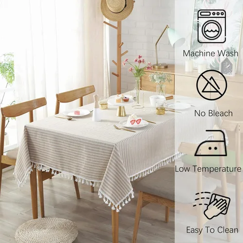 Vista 5 de Mantel cuadrado de lino y algodón con borlas a rayas, resistente a las arrugas, para cocina, comedor, decoración de mesa del hogar