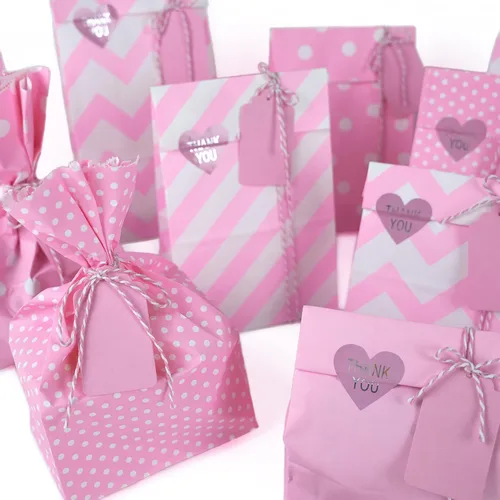 Vista 4 de SMINTINE Paquete de 30 bolsas de golosinas rosas con calcomanías de agradecimiento, etiquetas de papel, cuerda de algodón para panaderos, bolsas